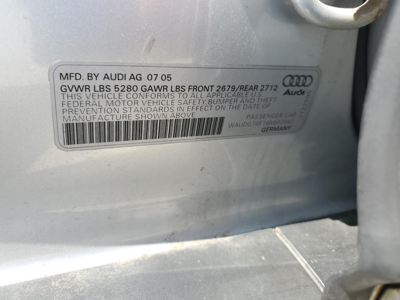 WAUDG74F16N042092 2006 Audi A6 3.2 Quattro