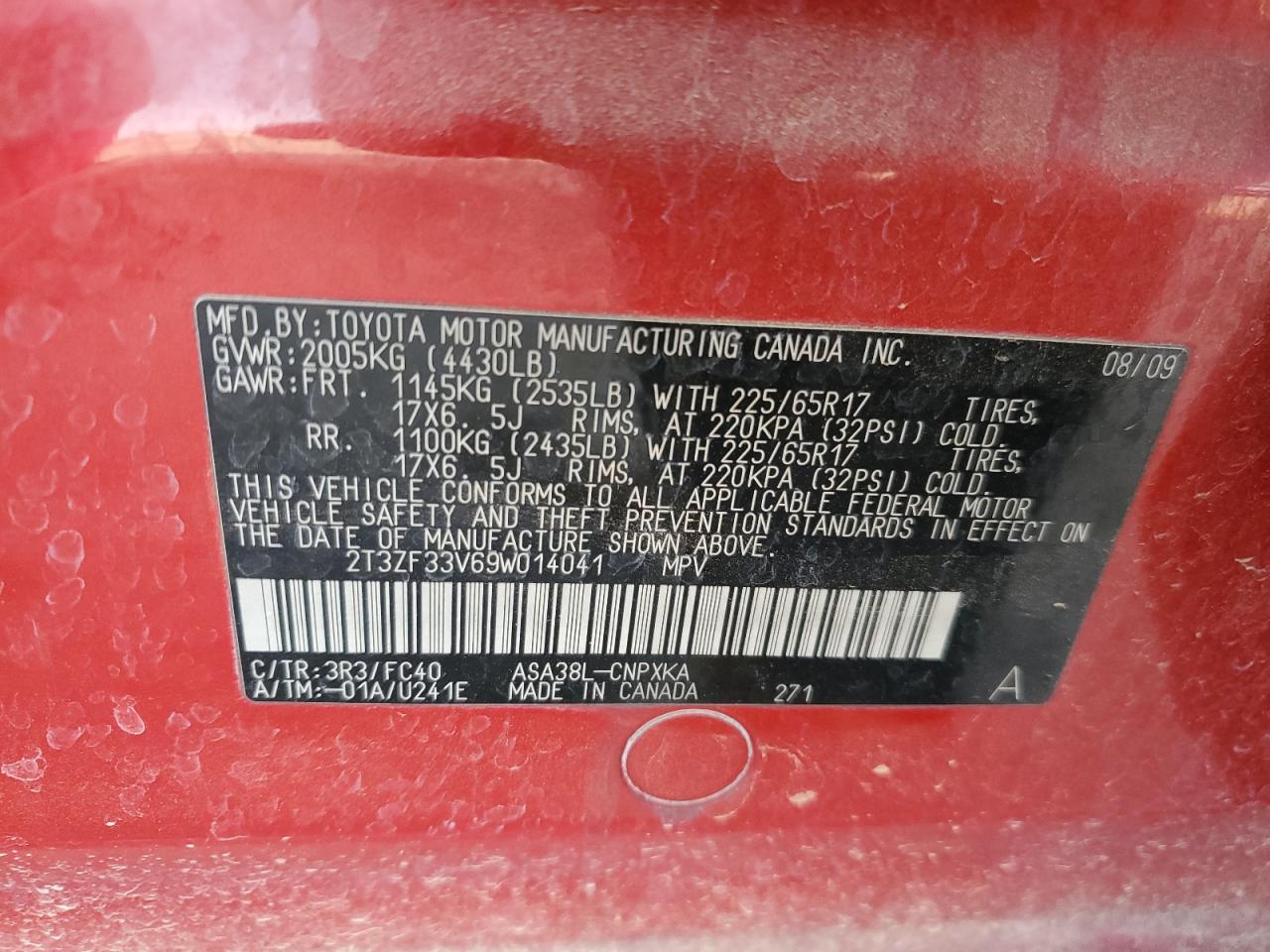 2T3ZF33V69W014041 2009 Toyota Rav4