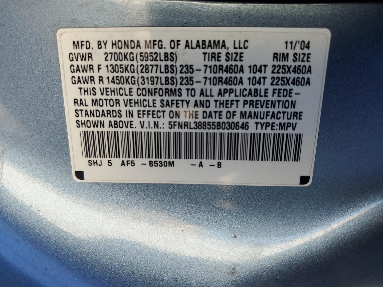 2005 Honda Odyssey Touring VIN: 5FNRL38855B030646 Lot: 71664404