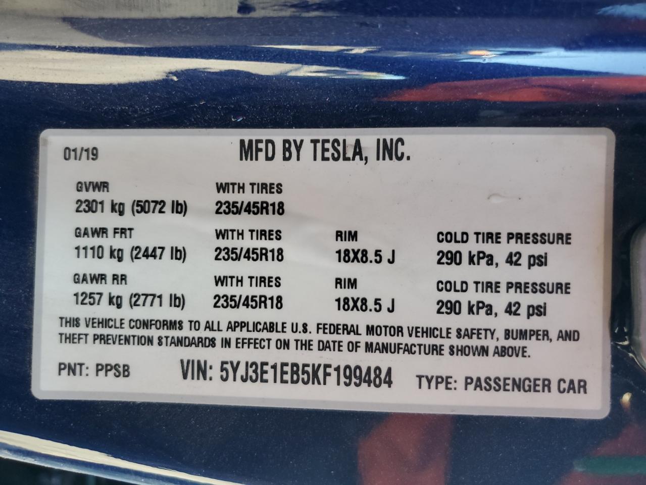 2019 Tesla Model 3 VIN: 5YJ3E1EB5KF199484 Lot: 72232694