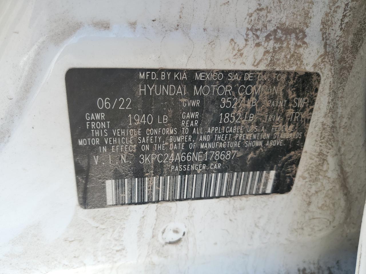 3KPC24A66NE178687 2022 Hyundai Accent Se