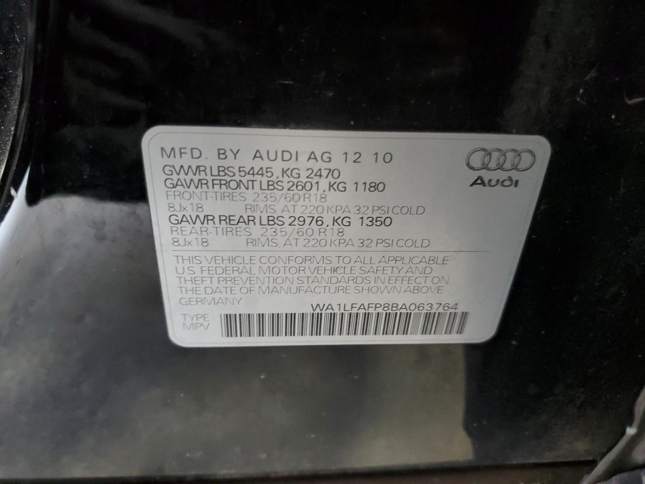 2011 Audi Q5 Premium Plus VIN: WA1LFAFP8BA063764 Lot: 72594024