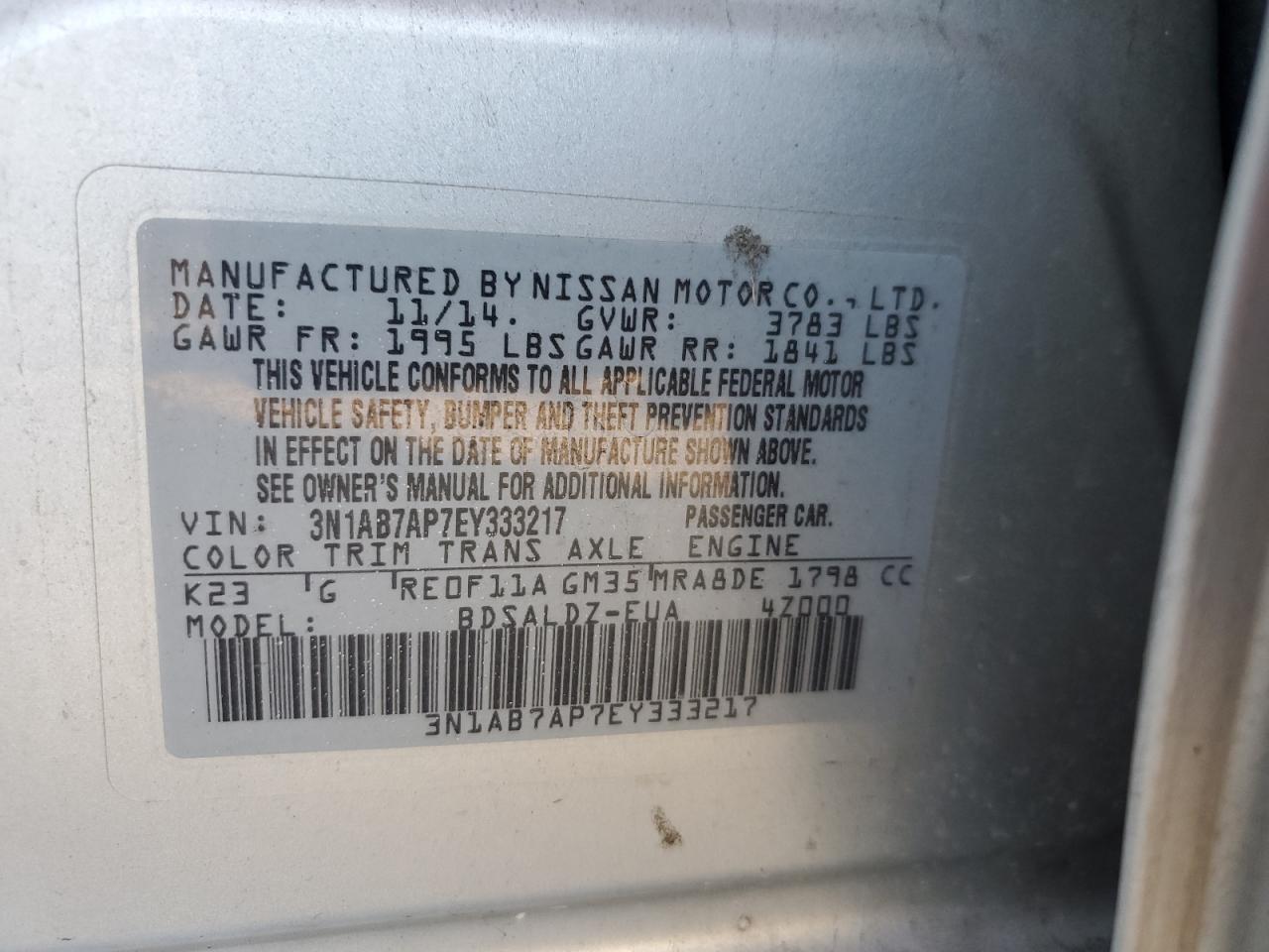 3N1AB7AP7EY333217 2014 Nissan Sentra S