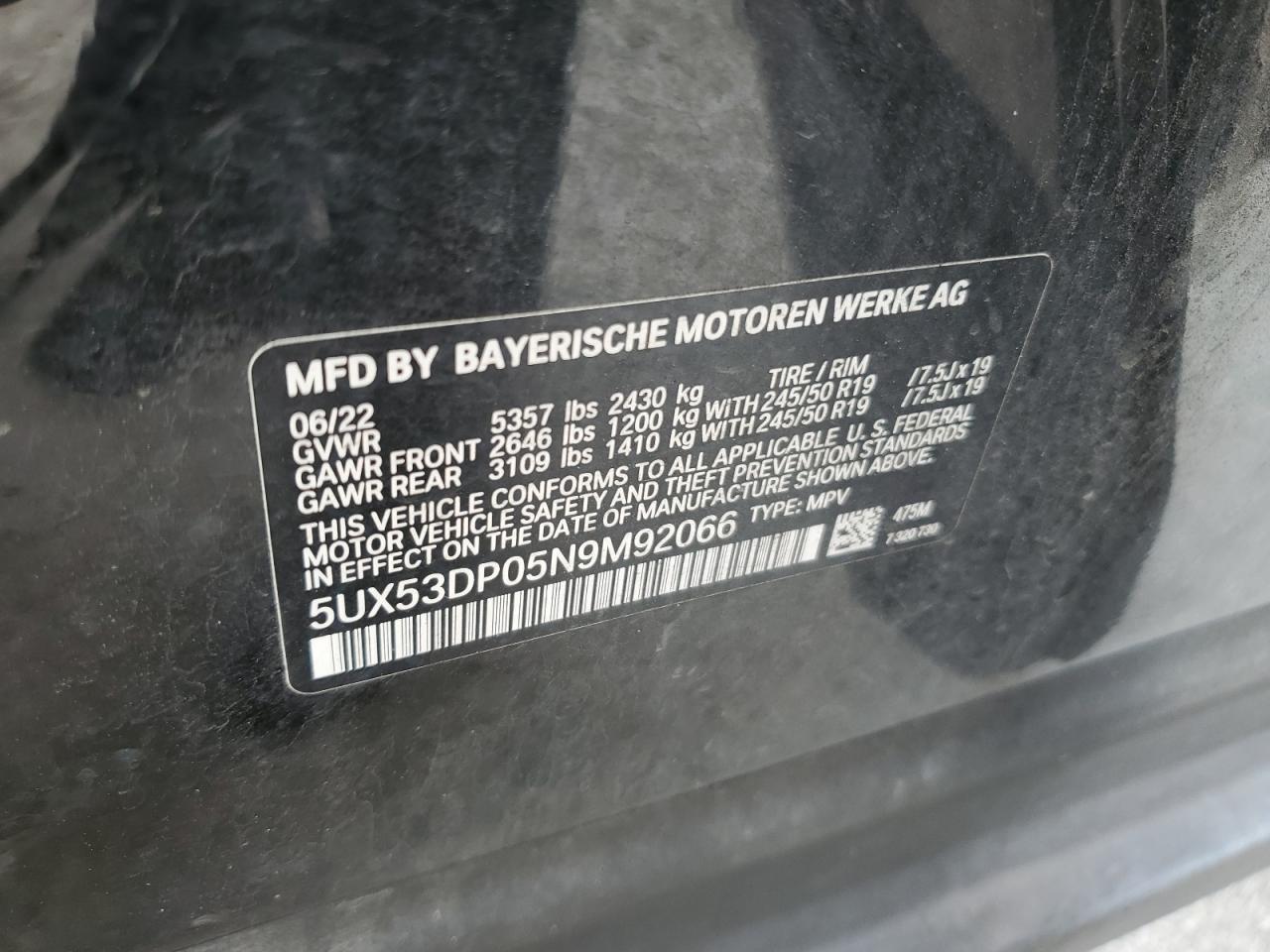 2022 BMW X3 xDrive30I VIN: 5UX53DP05N9M92066 Lot: 73129884