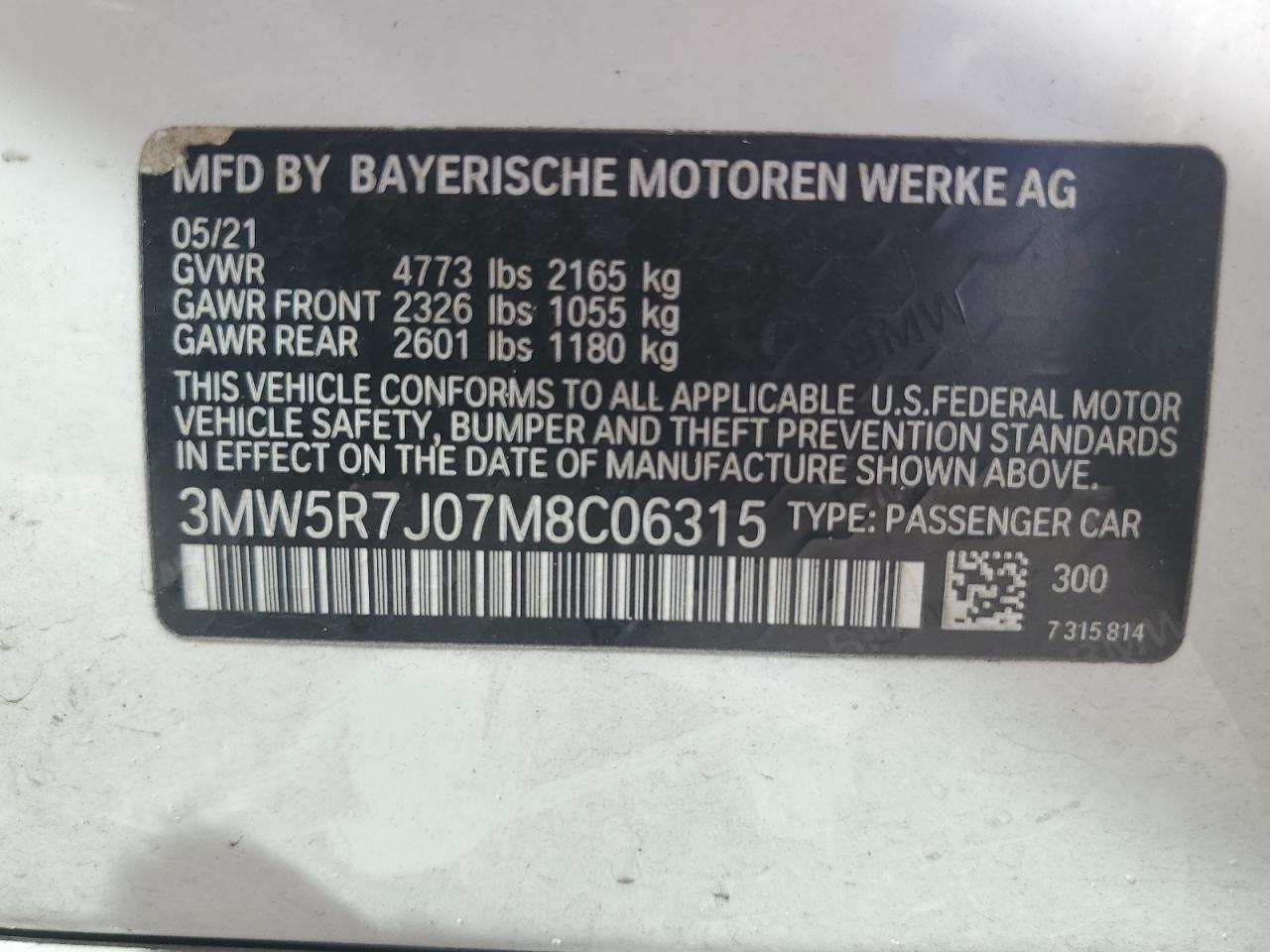 2021 BMW 330Xi VIN: 3MW5R7J07M8C06315 Lot: 70654324