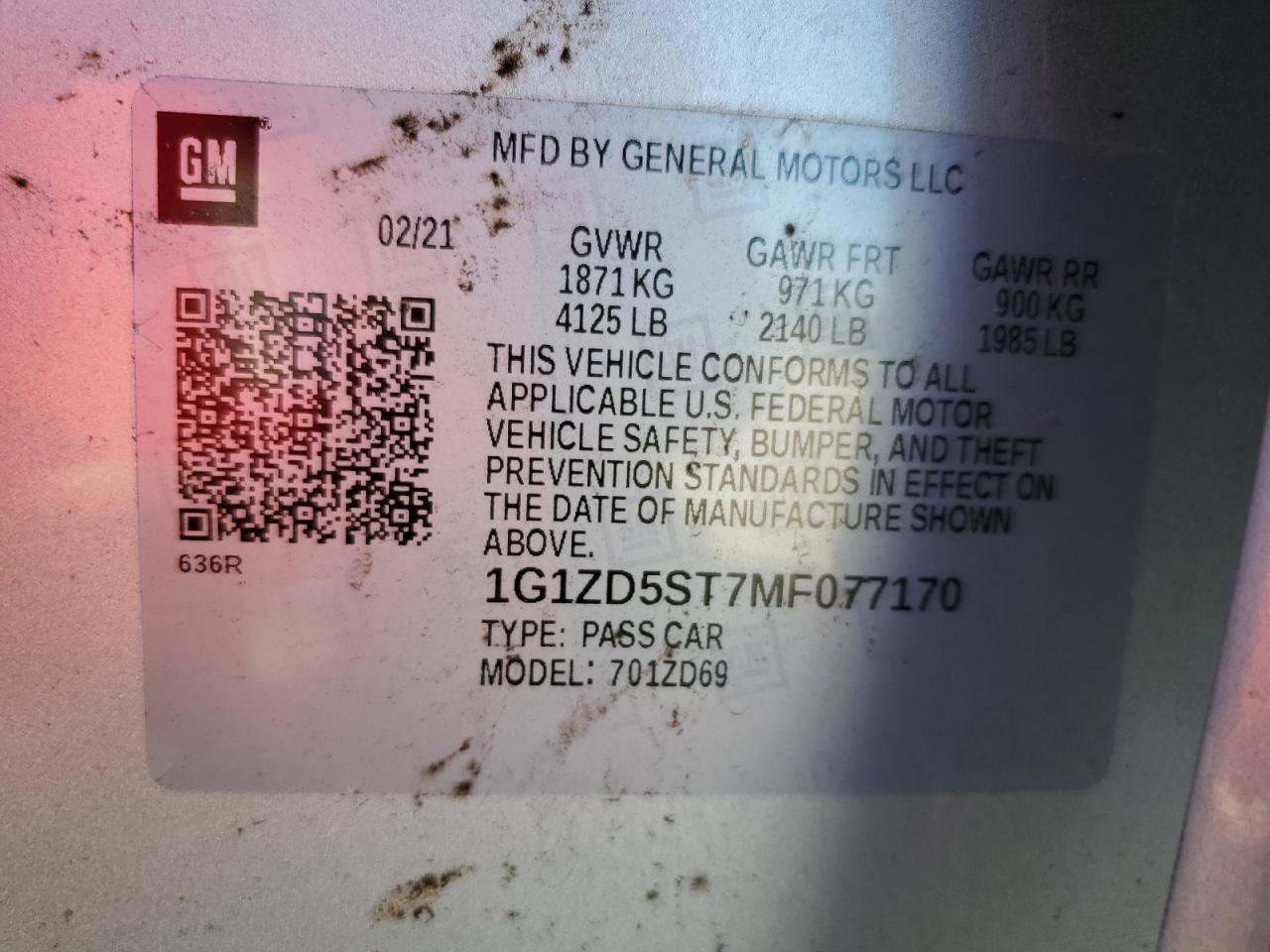 1G1ZD5ST7MF077170 2021 Chevrolet Malibu Lt