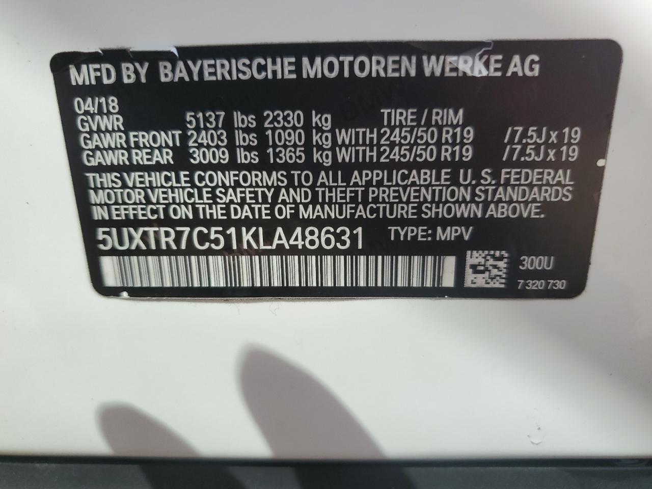 2019 BMW X3 Sdrive30I VIN: 5UXTR7C51KLA48631 Lot: 73715274