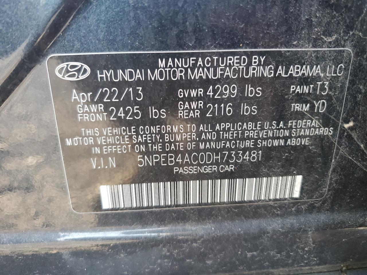 5NPEB4AC0DH733481 2013 Hyundai Sonata Gls