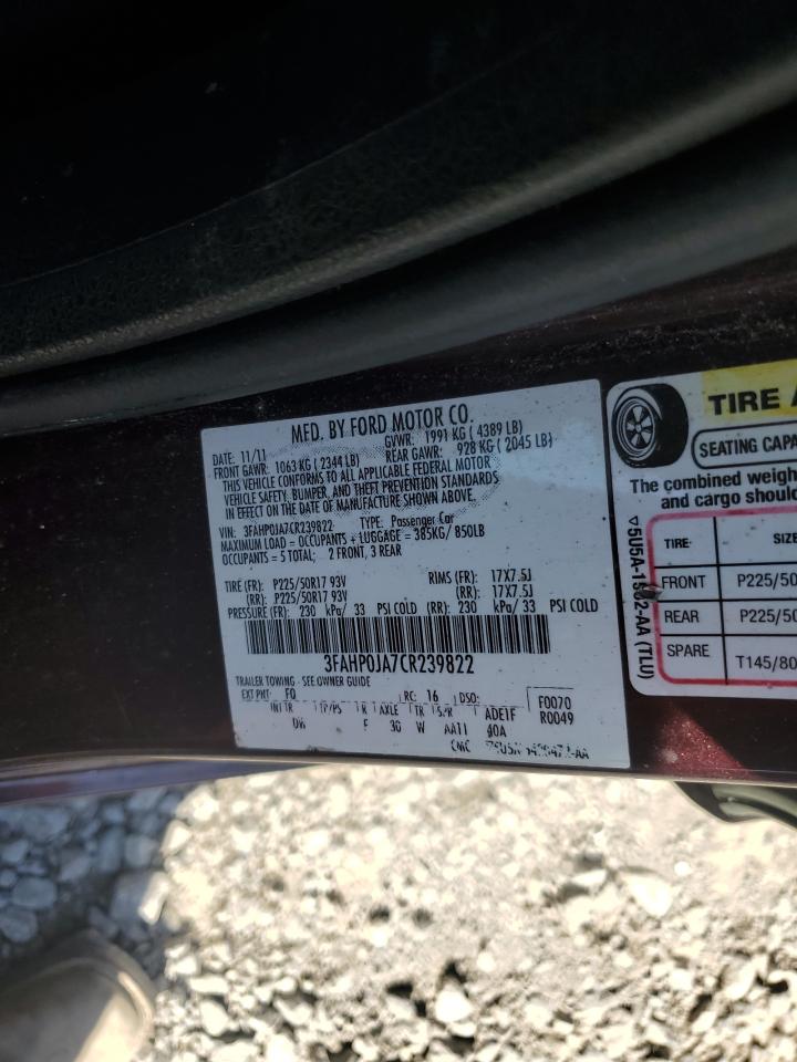 2012 Ford Fusion Sel VIN: 3FAHP0JA7CR239822 Lot: 71764964