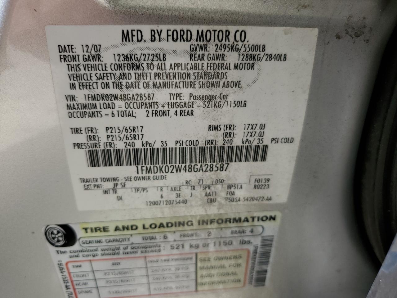 1FMDK02W48GA28587 2008 Ford Taurus X Sel