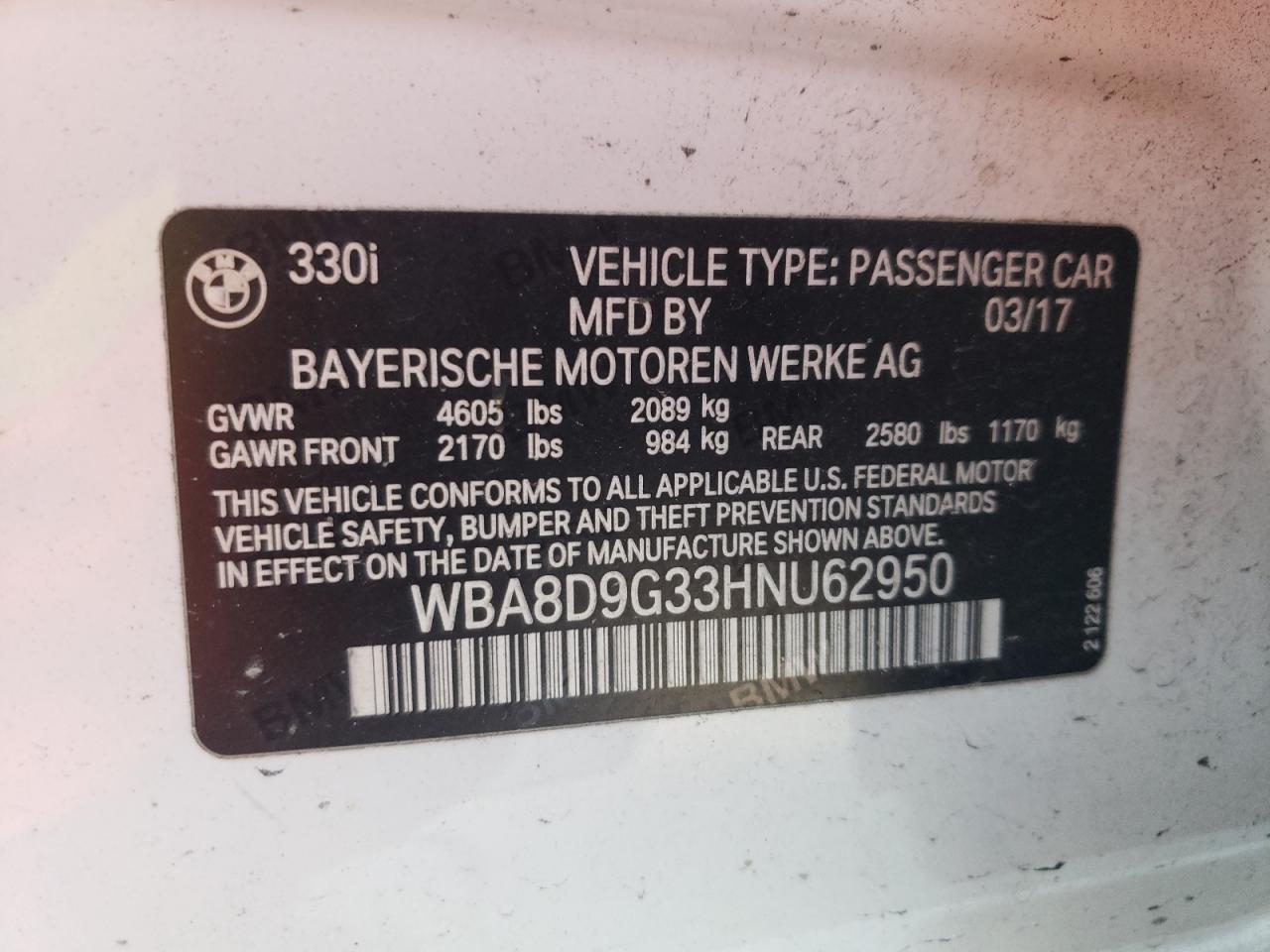 WBA8D9G33HNU62950 2017 BMW 330 Xi