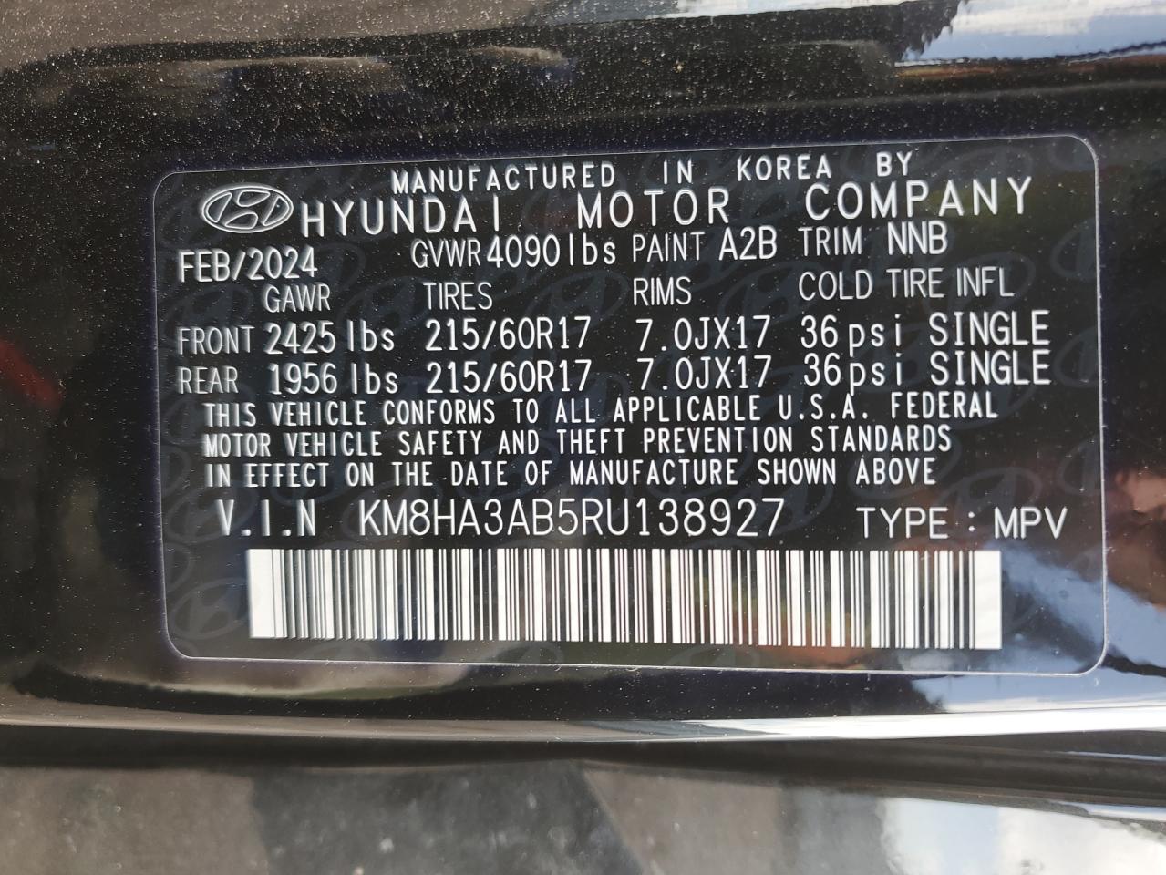 2024 Hyundai Kona Se VIN: KM8HA3AB5RU138927 Lot: 72941824