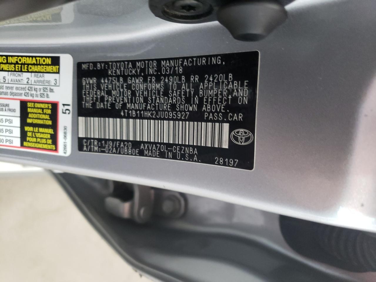 4T1B11HK2JU095927 2018 Toyota Camry L