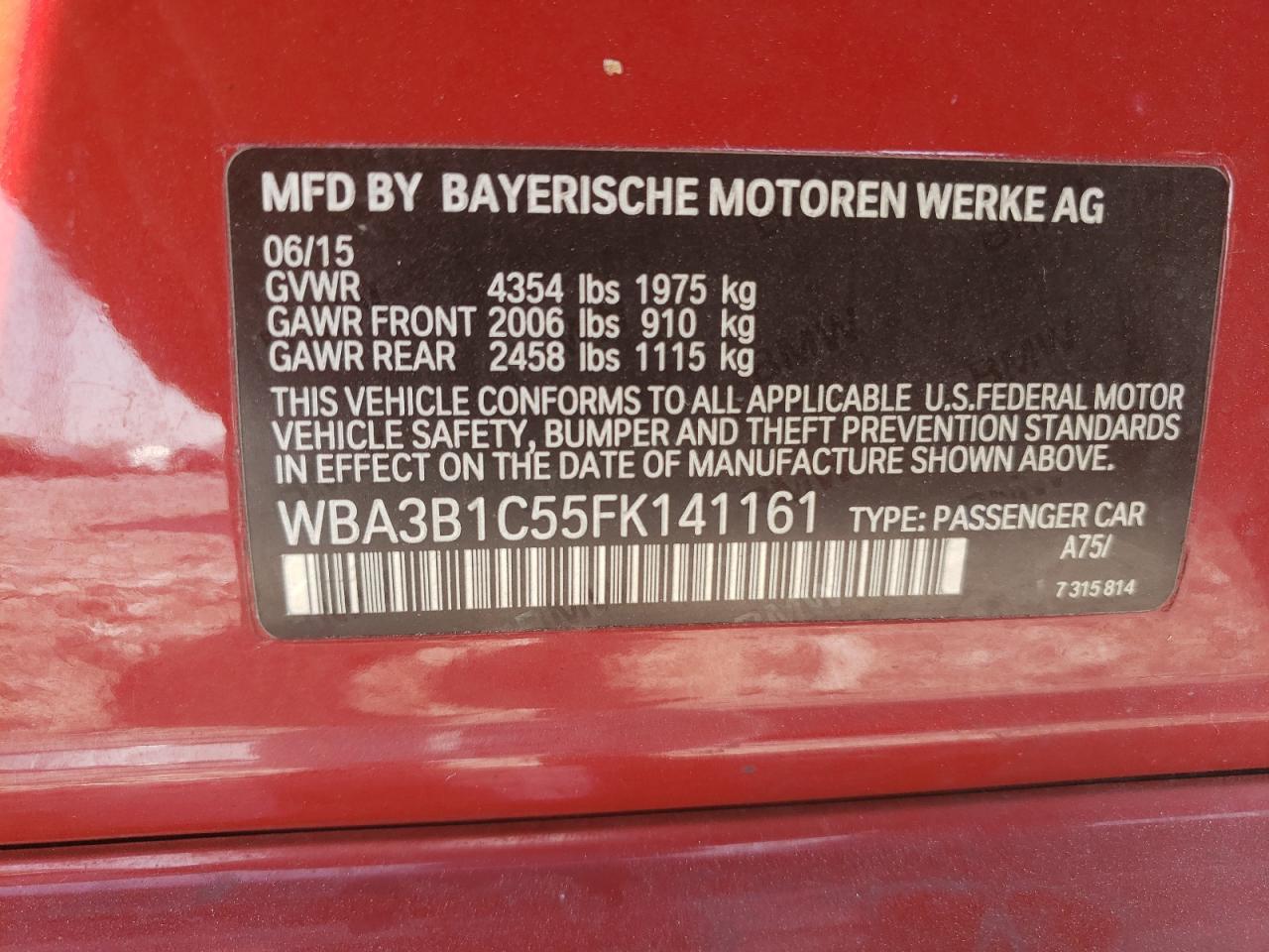 WBA3B1C55FK141161 2015 BMW 320 I