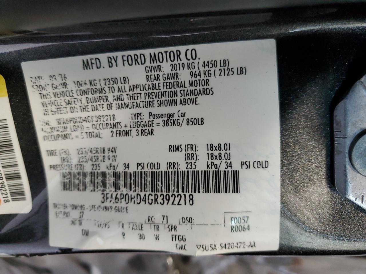 3FA6P0HD4GR392218 2016 Ford Fusion Se