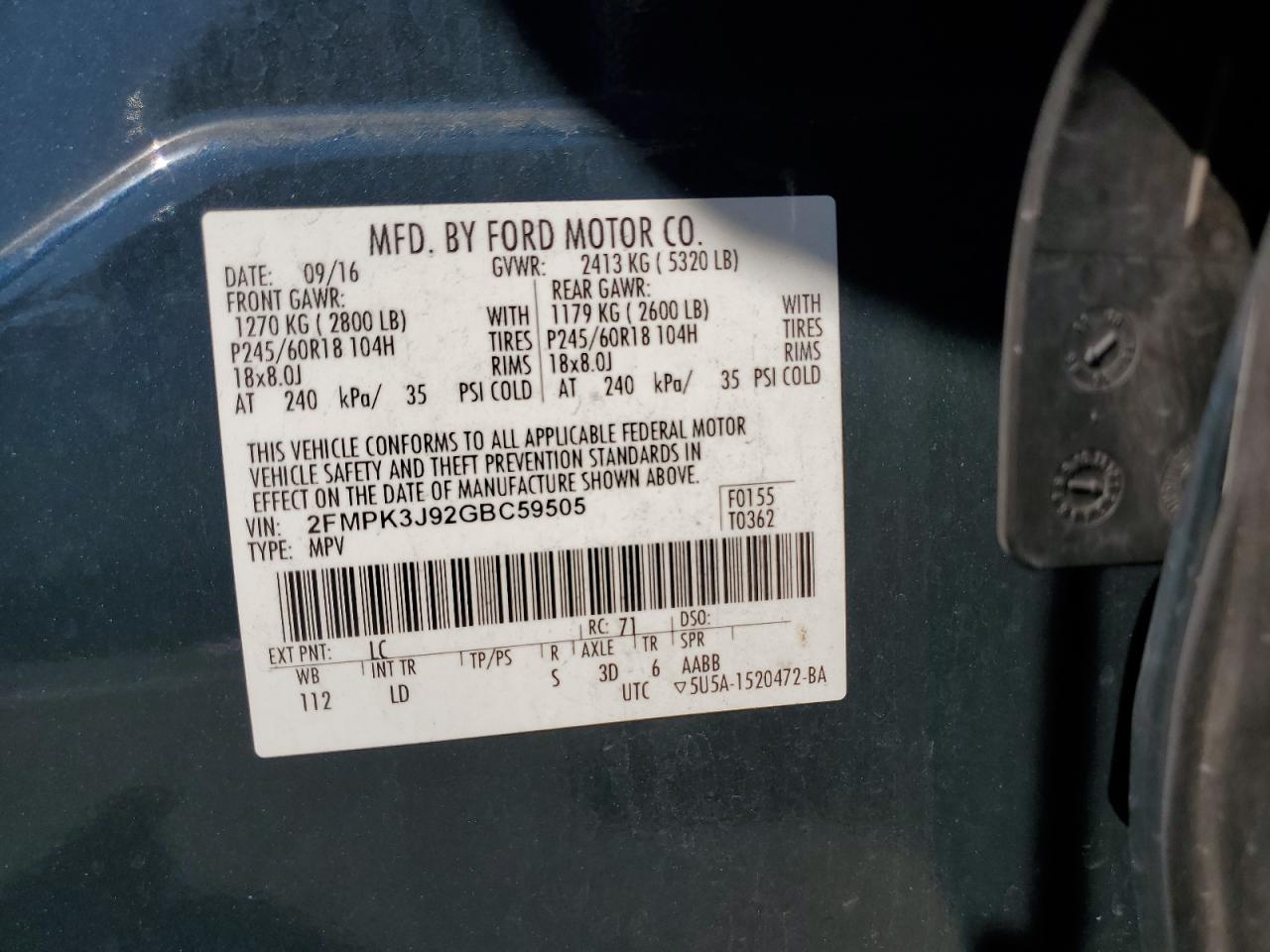 2016 Ford Edge Sel VIN: 2FMPK3J92GBC59505 Lot: 72812474