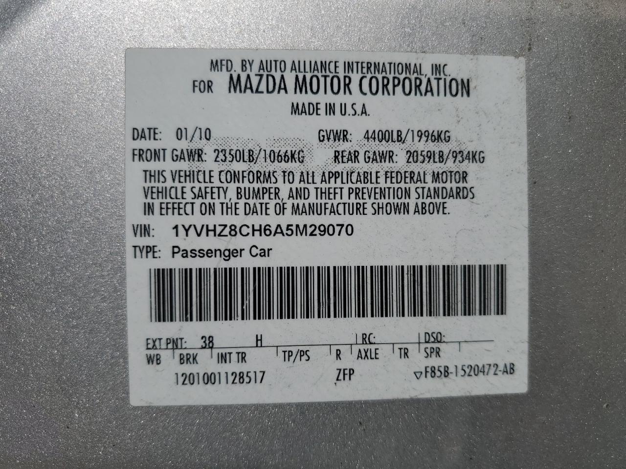 1YVHZ8CH6A5M29070 2010 Mazda 6 I