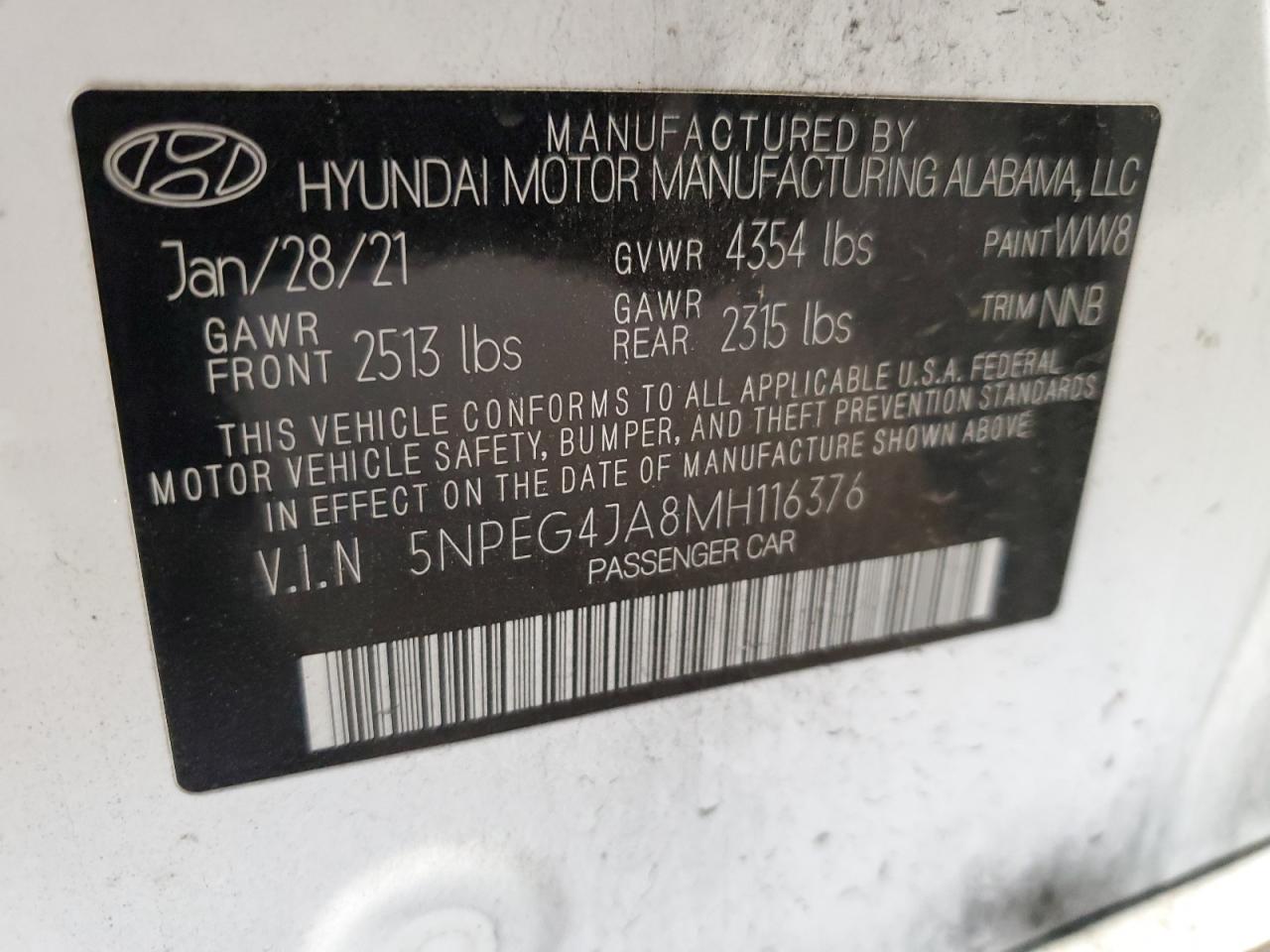 2021 Hyundai Sonata Se VIN: 5NPEG4JA8MH116376 Lot: 70663634