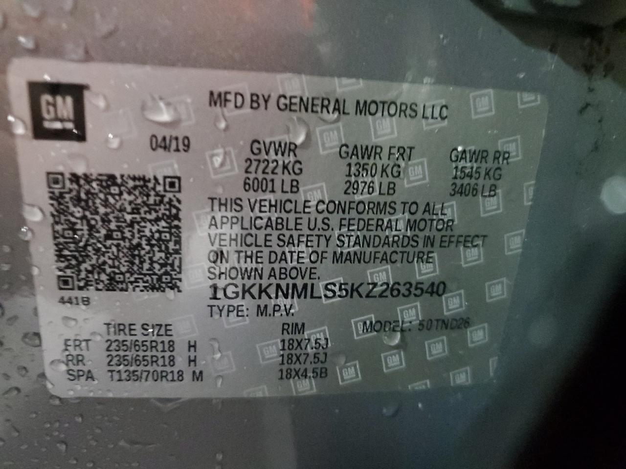 1GKKNMLS5KZ263540 2019 GMC Acadia Slt-1