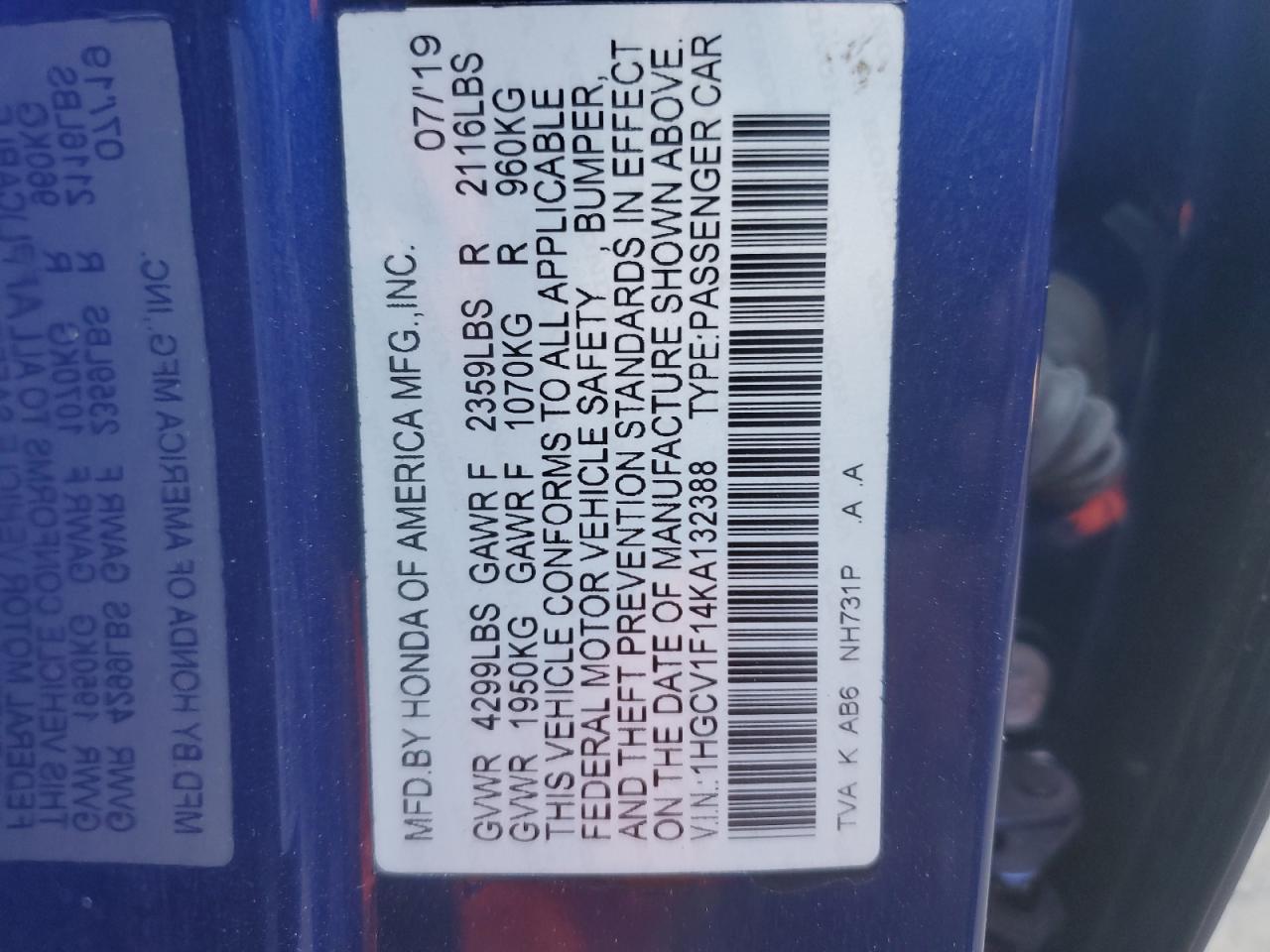 1HGCV1F14KA132388 2019 Honda Accord Lx