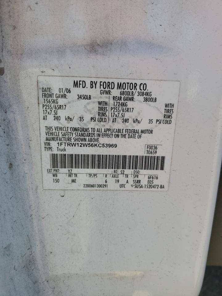 2006 Ford F150 Supercrew VIN: 1FTRW12W56KC53969 Lot: 71267984