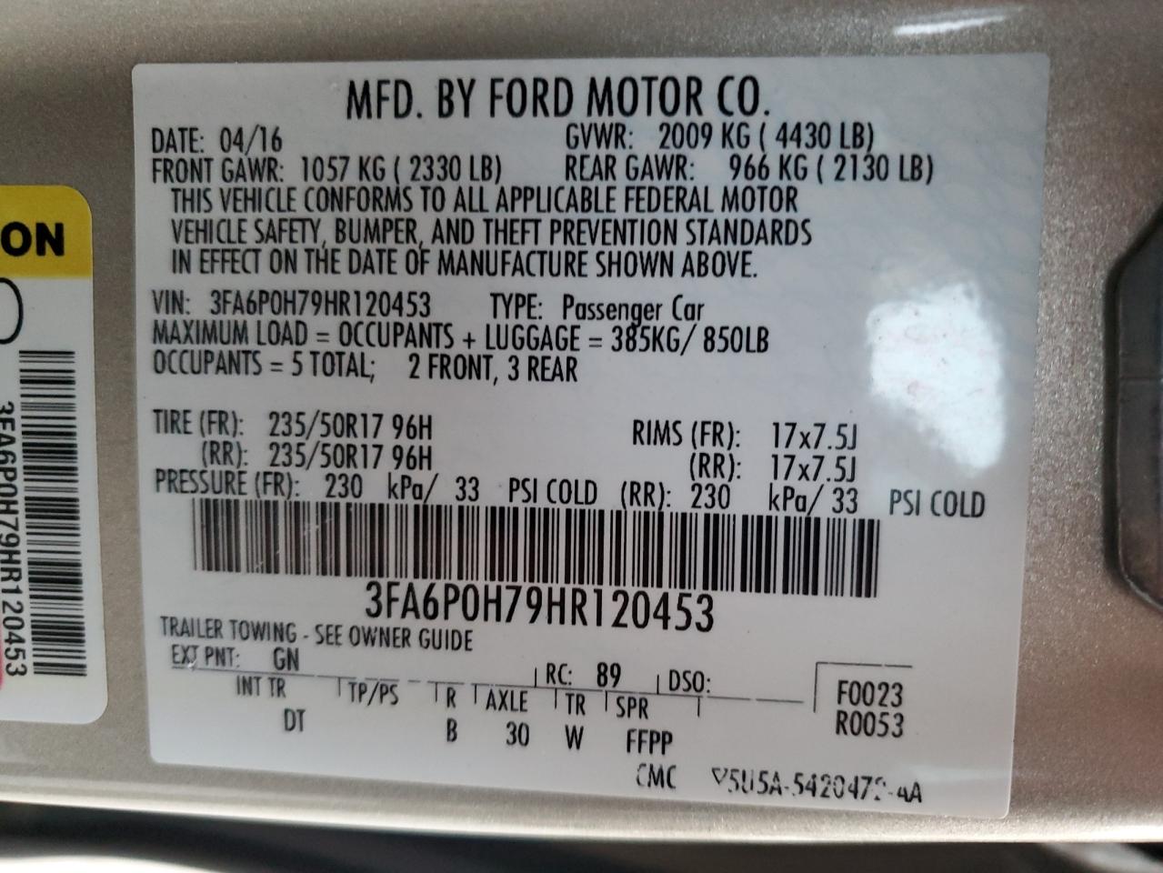 3FA6P0H79HR120453 2017 Ford Fusion Se