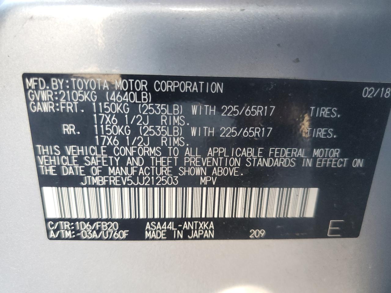 JTMBFREV5JJ212503 2018 Toyota Rav4 Le