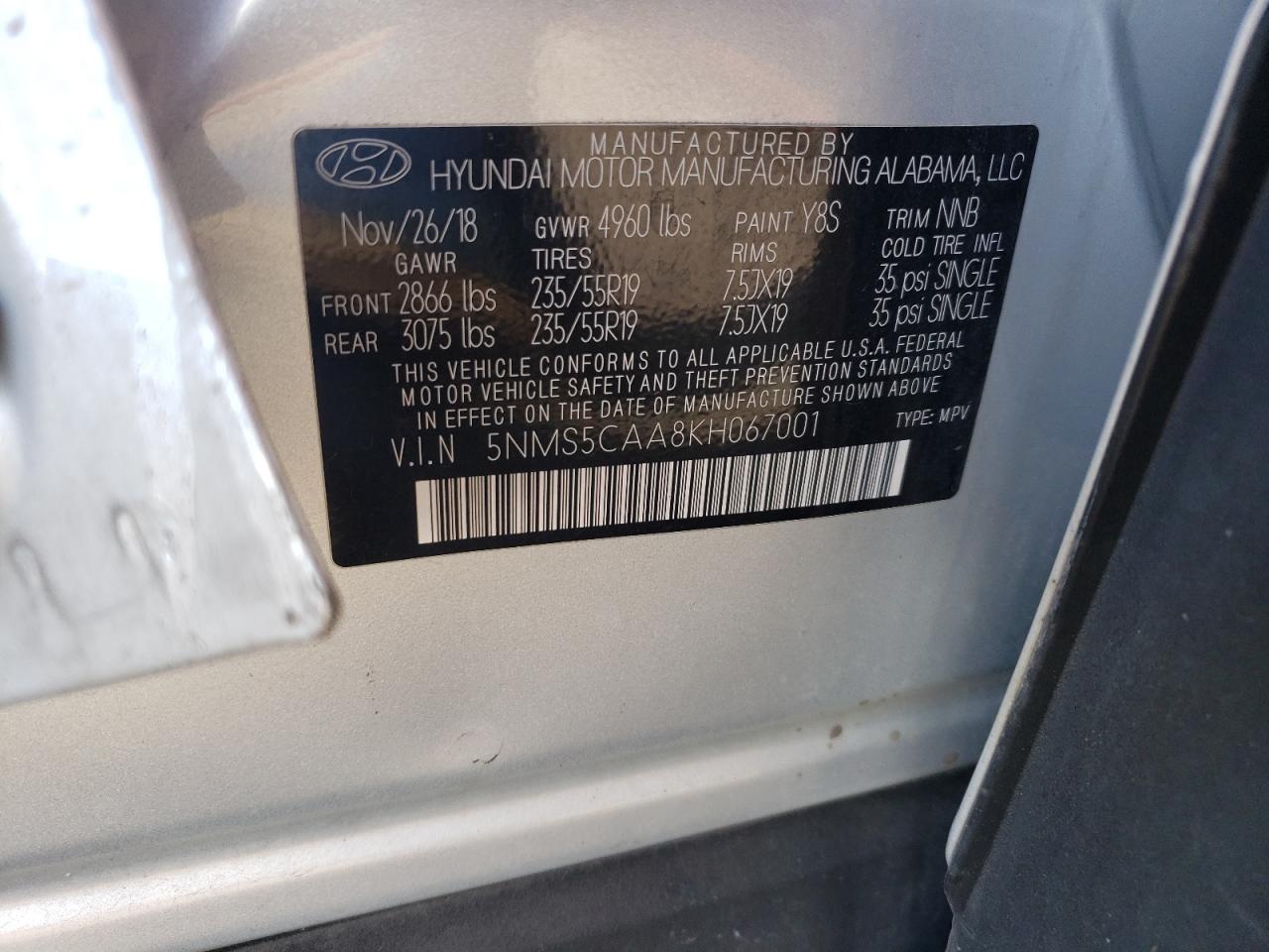 5NMS5CAA8KH067001 2019 Hyundai Santa Fe Limited