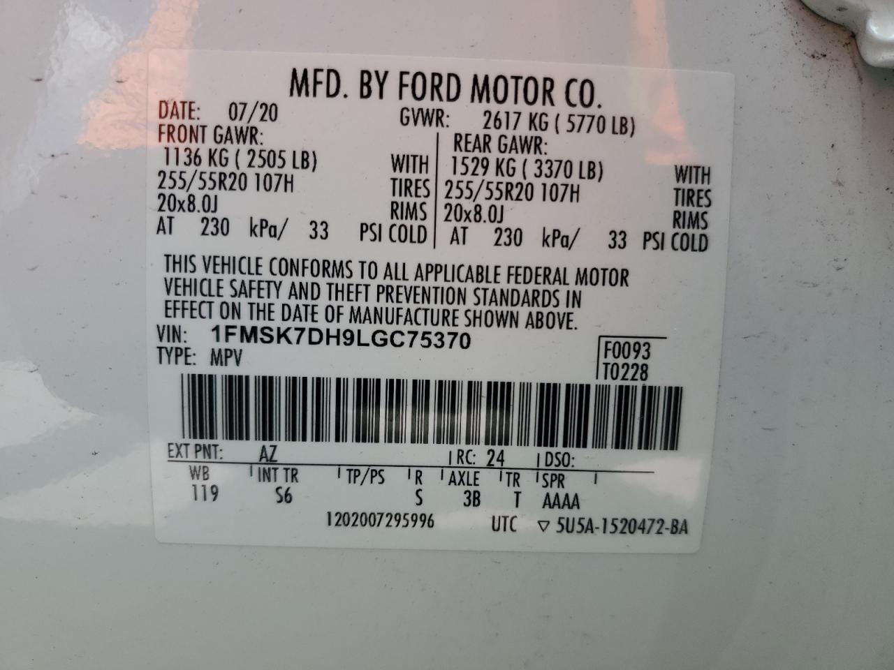 1FMSK7DH9LGC75370 2020 Ford Explorer Xlt