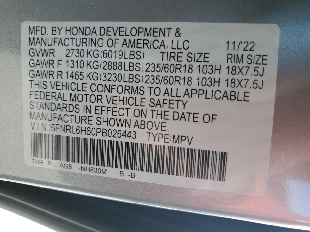 5FNRL6H60PB026443 2023 Honda Odyssey Exl