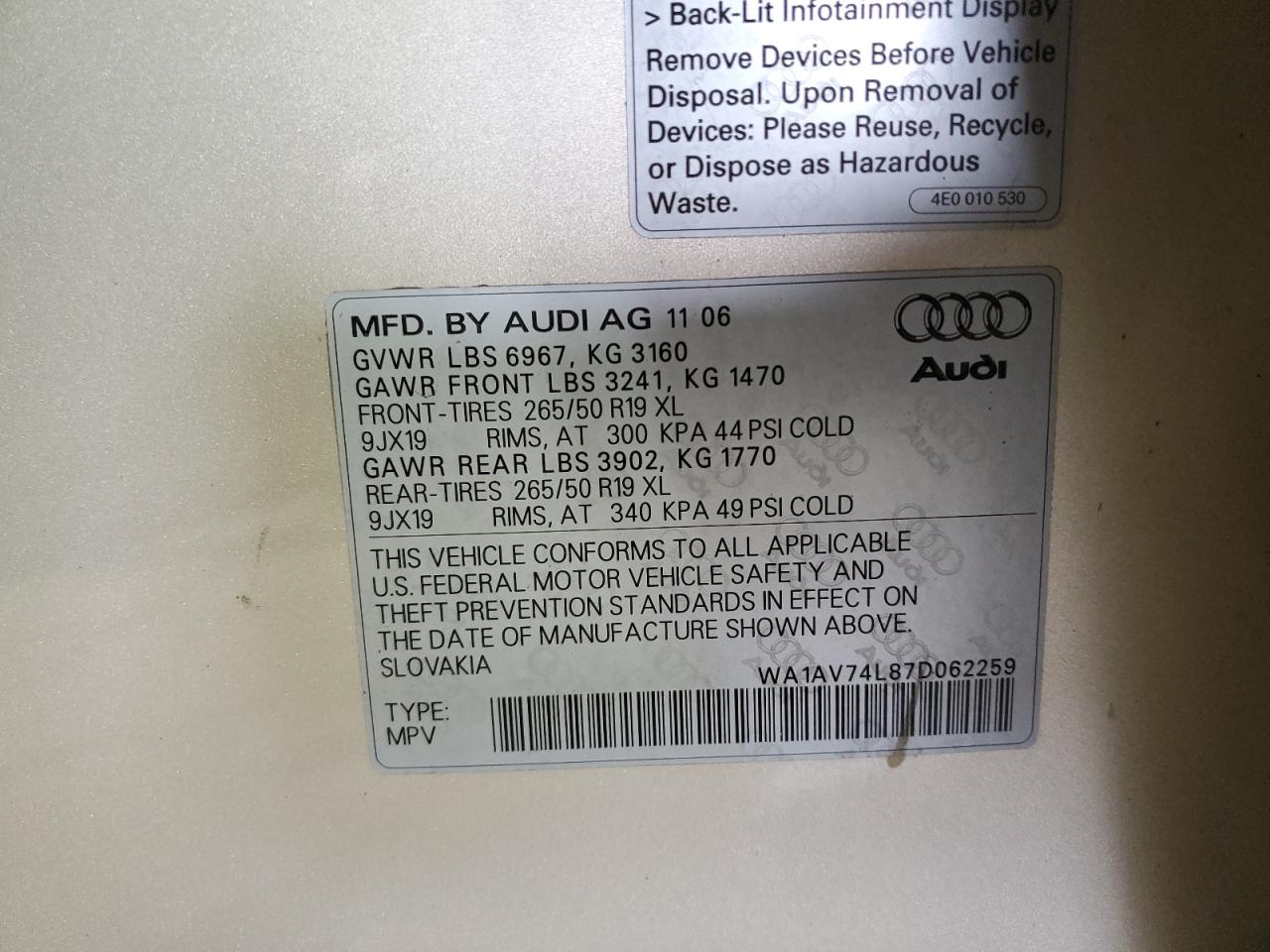 WA1AV74L87D062259 2007 Audi Q7 4.2 Quattro