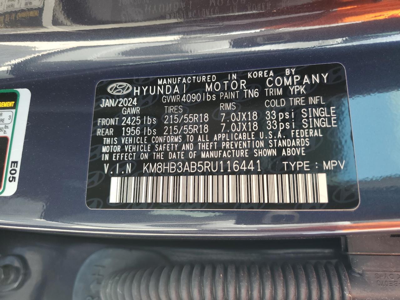 2024 Hyundai Kona Sel VIN: KM8HB3AB5RU116441 Lot: 72731254