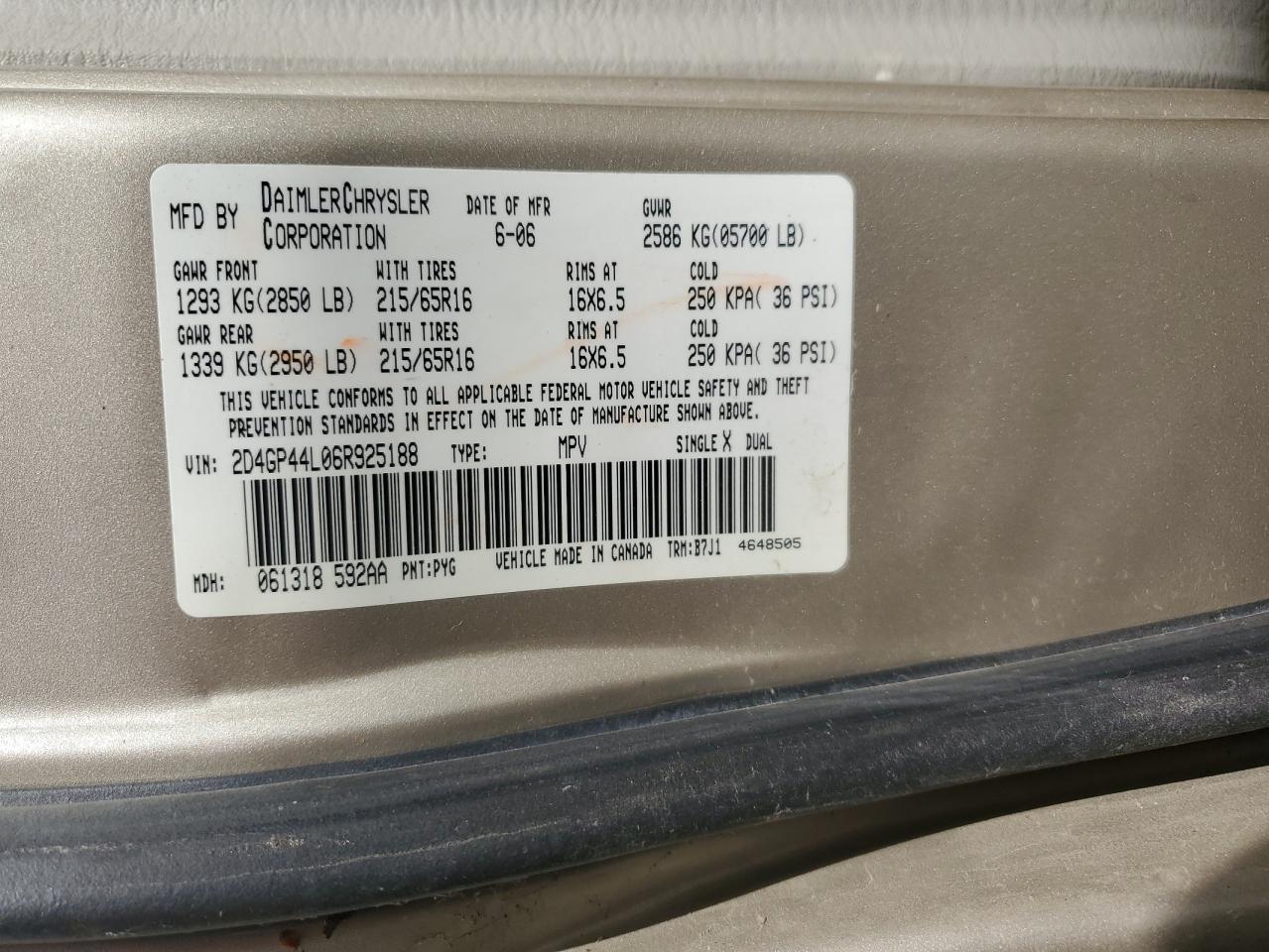 2006 Dodge Grand Caravan Sxt VIN: 2D4GP44L06R925188 Lot: 71813924