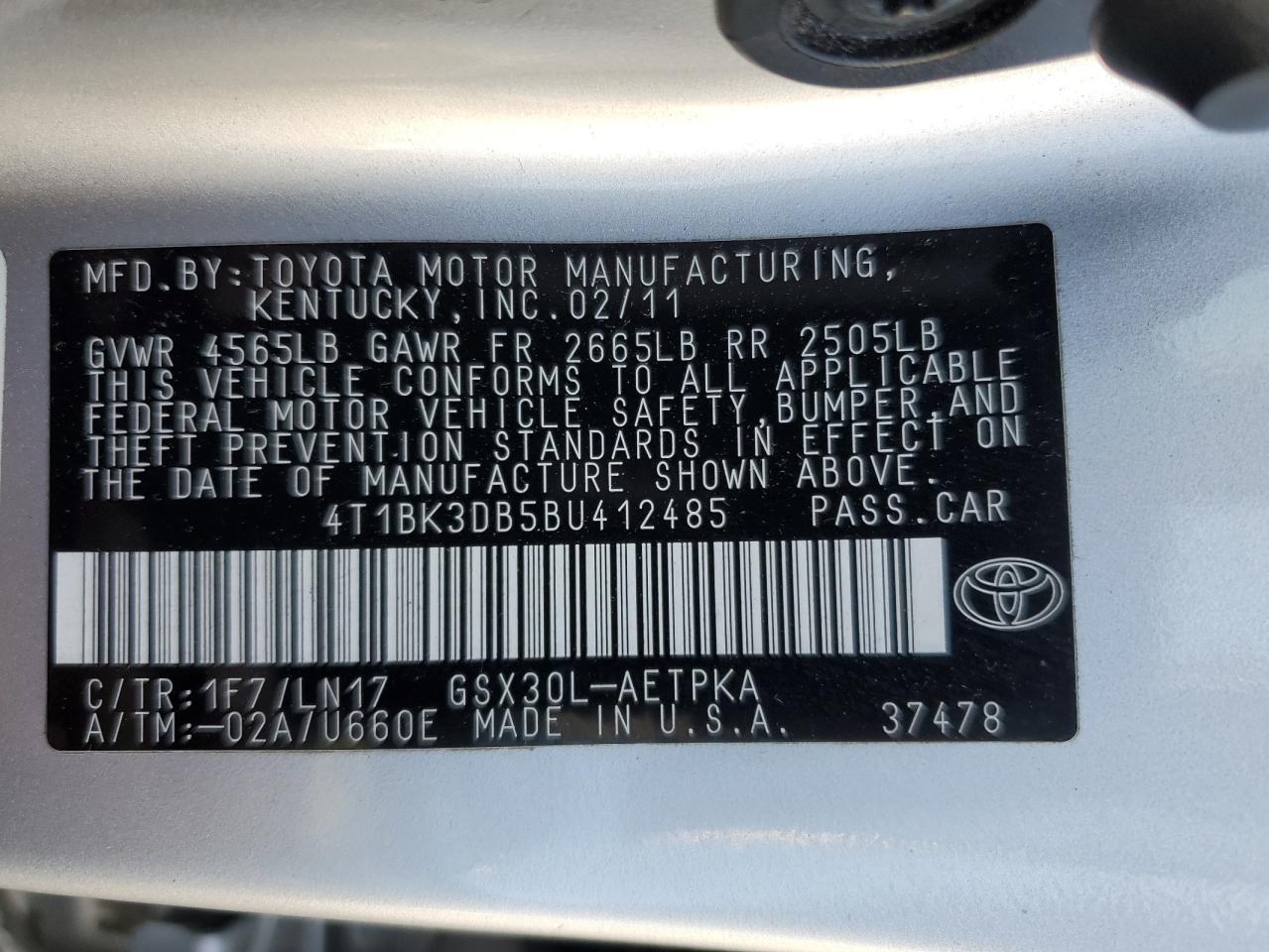 4T1BK3DB5BU412485 2011 Toyota Avalon Base