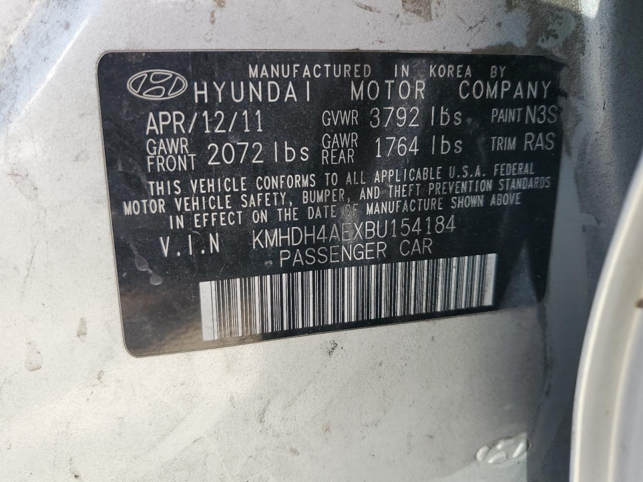 KMHDH4AEXBU154184 2011 Hyundai Elantra Gls