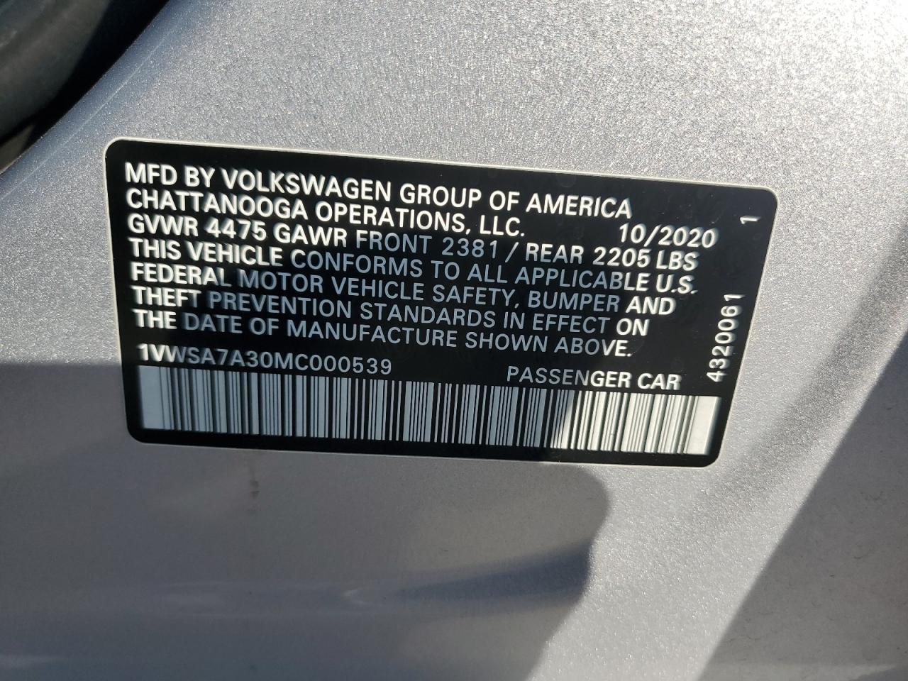 1VWSA7A30MC000539 2021 Volkswagen Passat Se