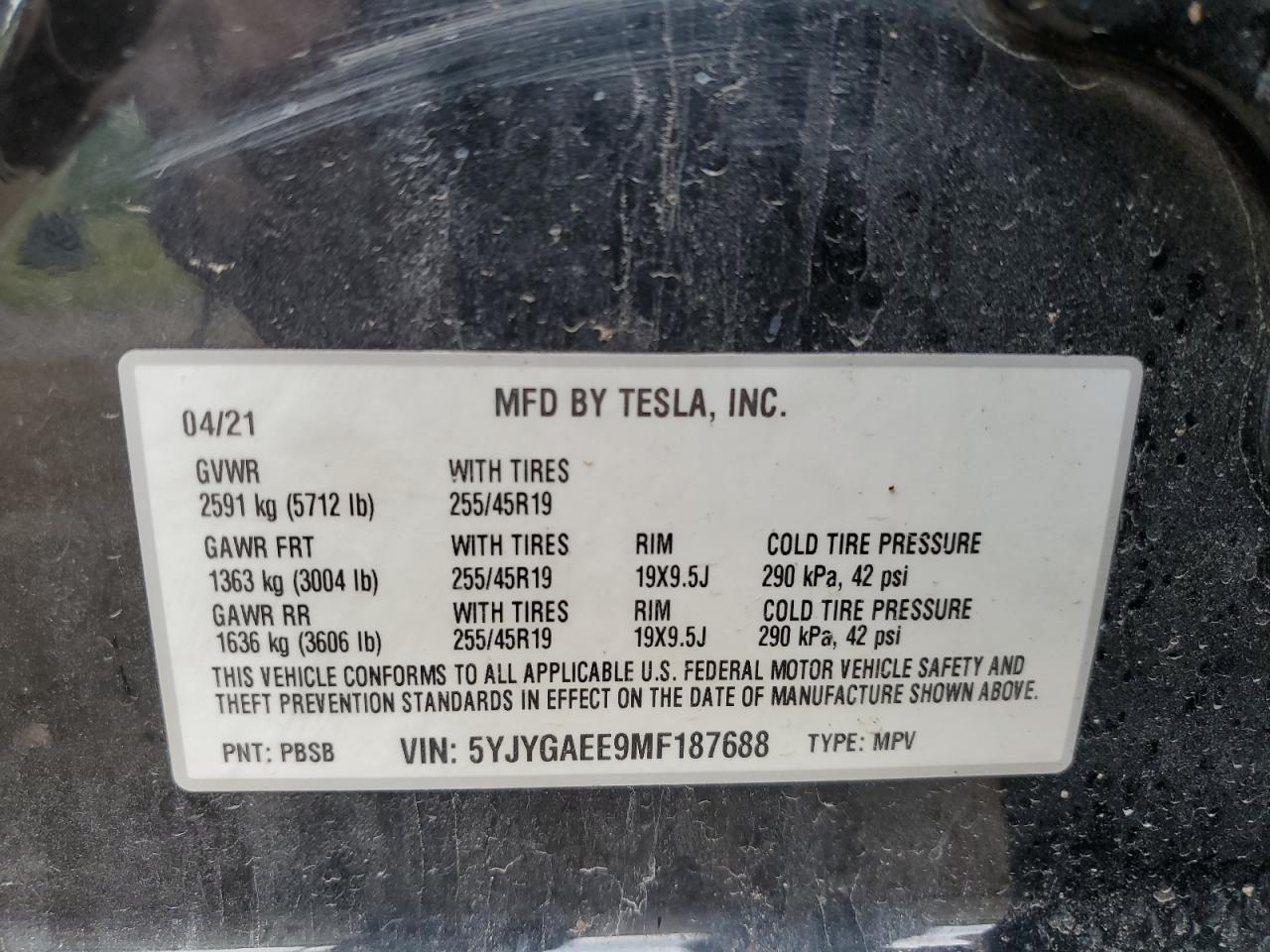 5YJYGAEE9MF187688 2021 Tesla Model Y