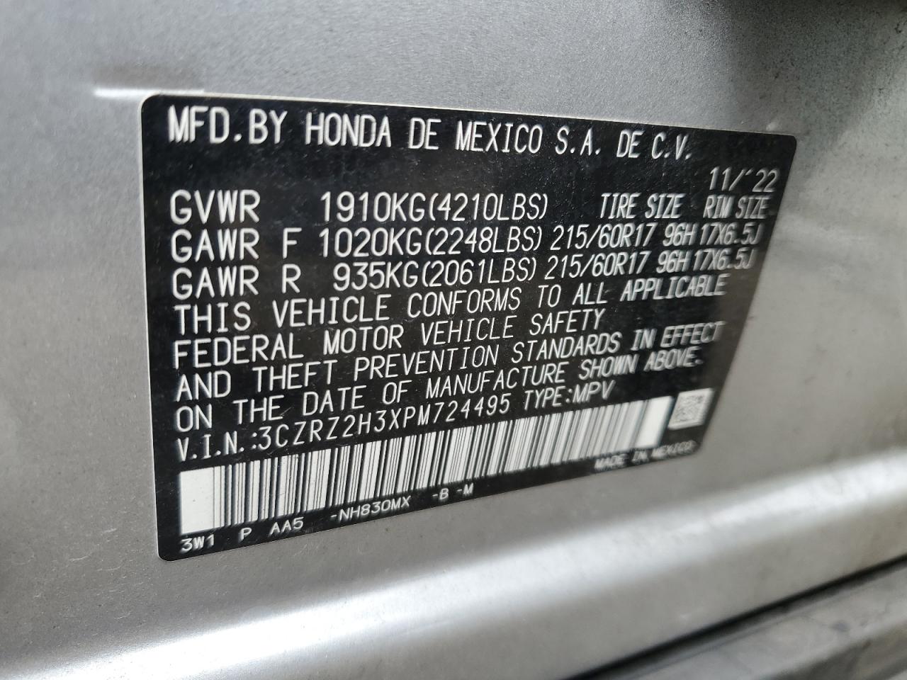 3CZRZ2H3XPM724495 2023 Honda Hr-V Lx