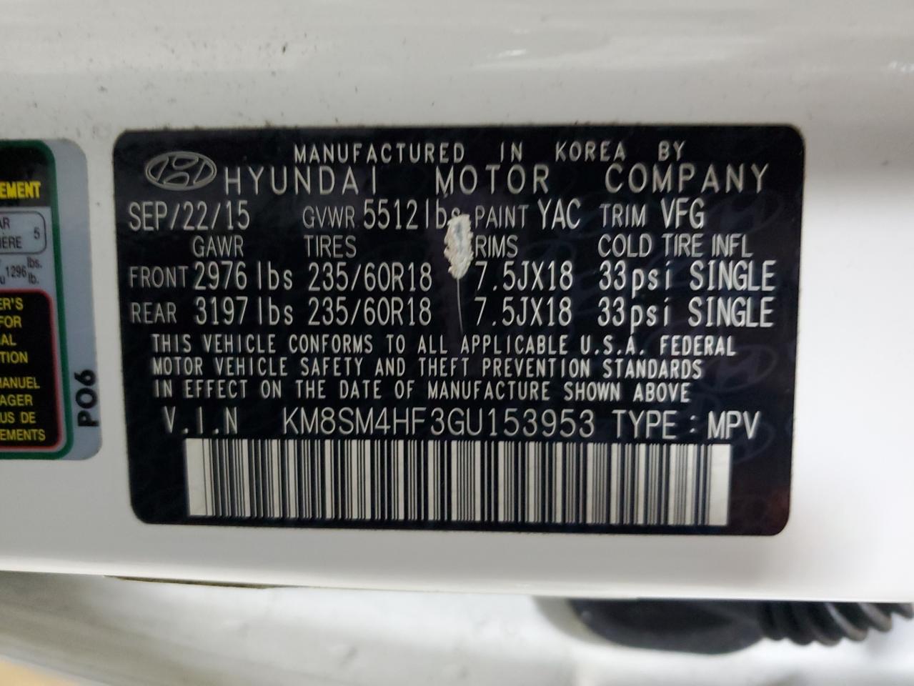 KM8SM4HF3GU153953 2016 Hyundai Santa Fe Se