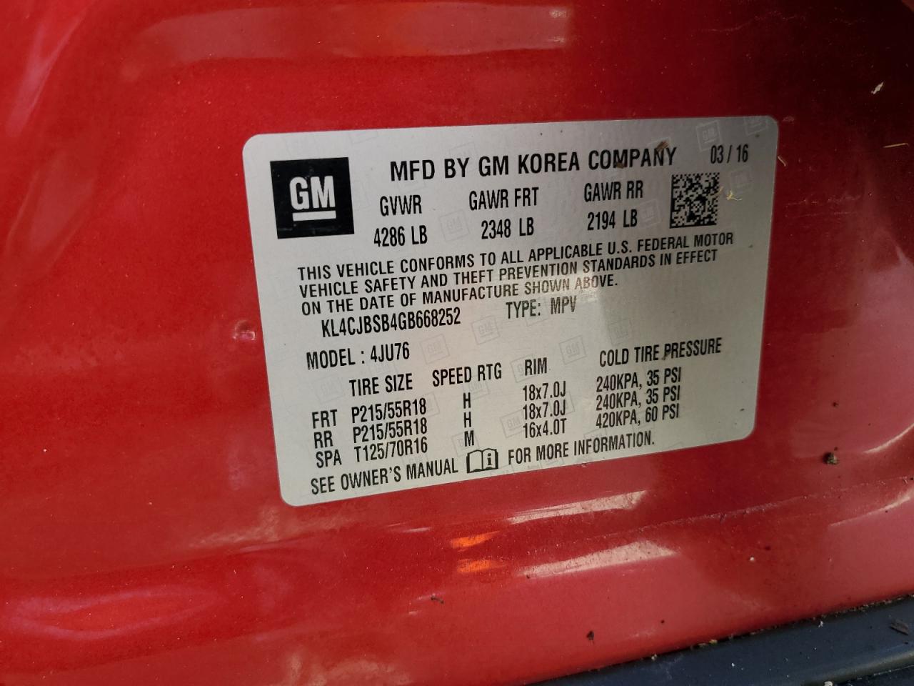 KL4CJBSB4GB668252 2016 Buick Encore Convenience