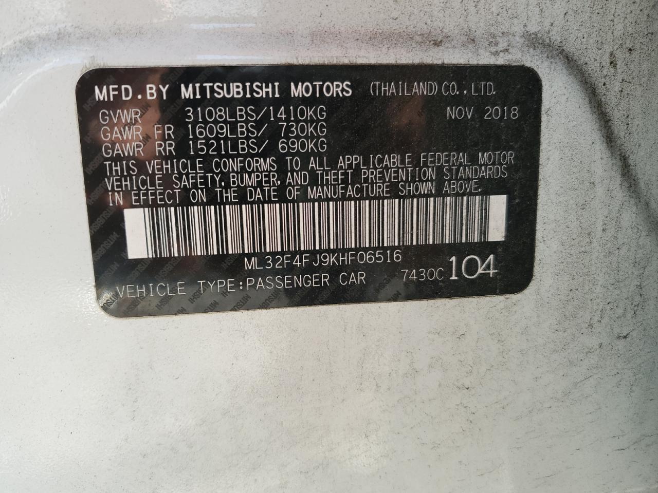 ML32F4FJ9KHF06516 2019 Mitsubishi Mirage G4 Se