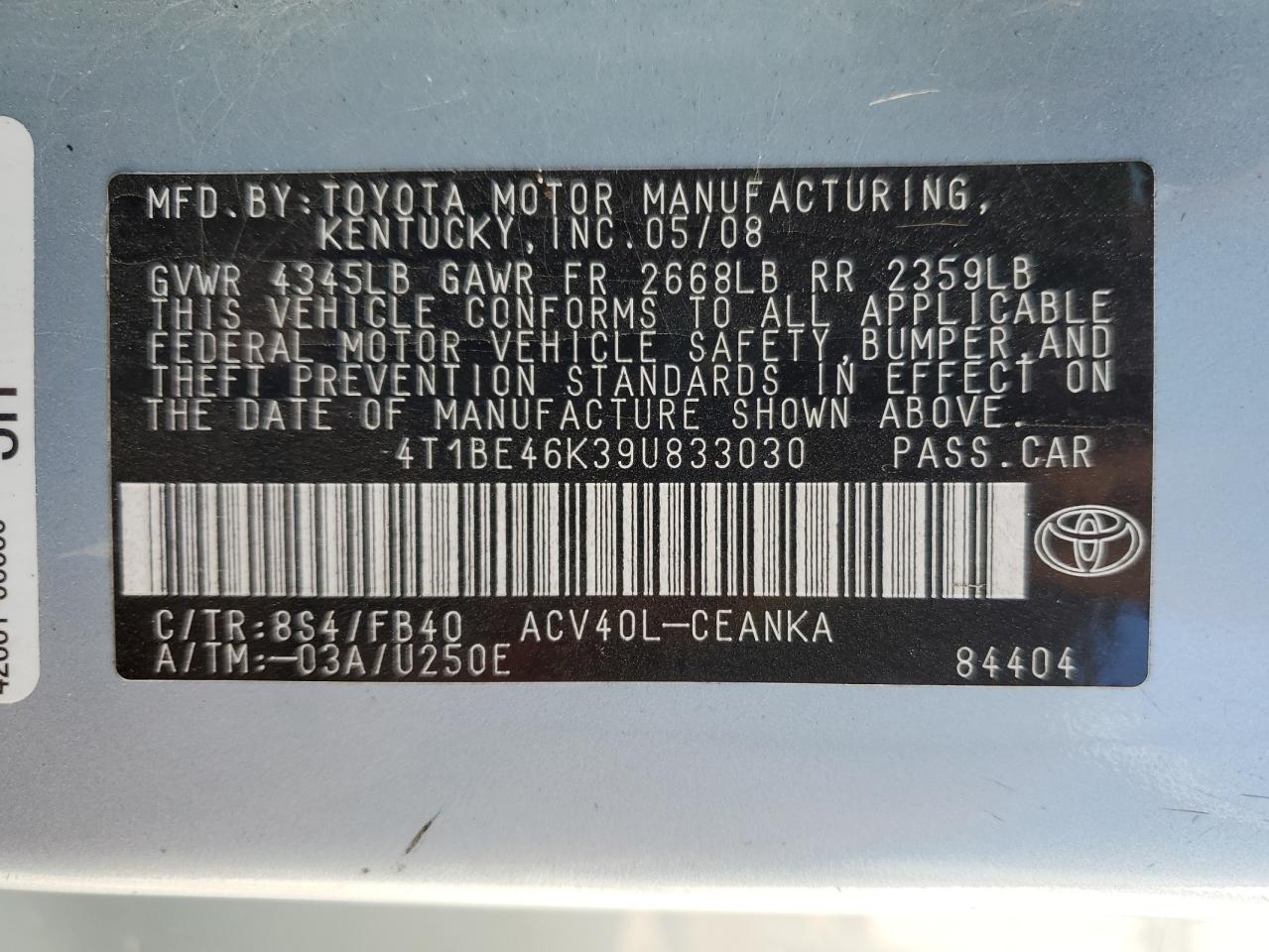 4T1BE46K39U833030 2009 Toyota Camry Base