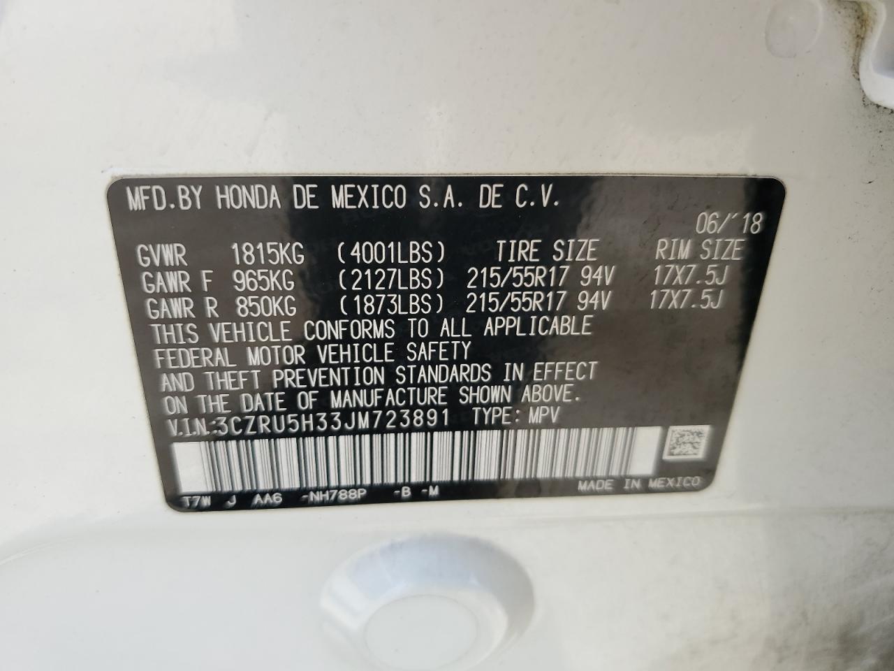 3CZRU5H33JM723891 2018 Honda Hr-V Lx