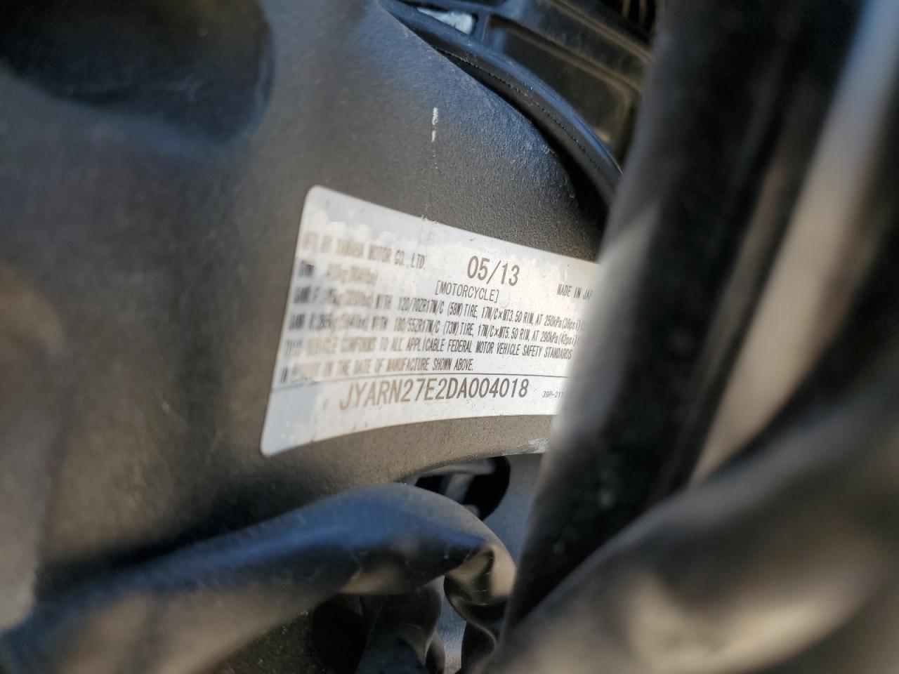 2013 Yamaha Fz8 N VIN: JYARN27E2DA004018 Lot: 72981964