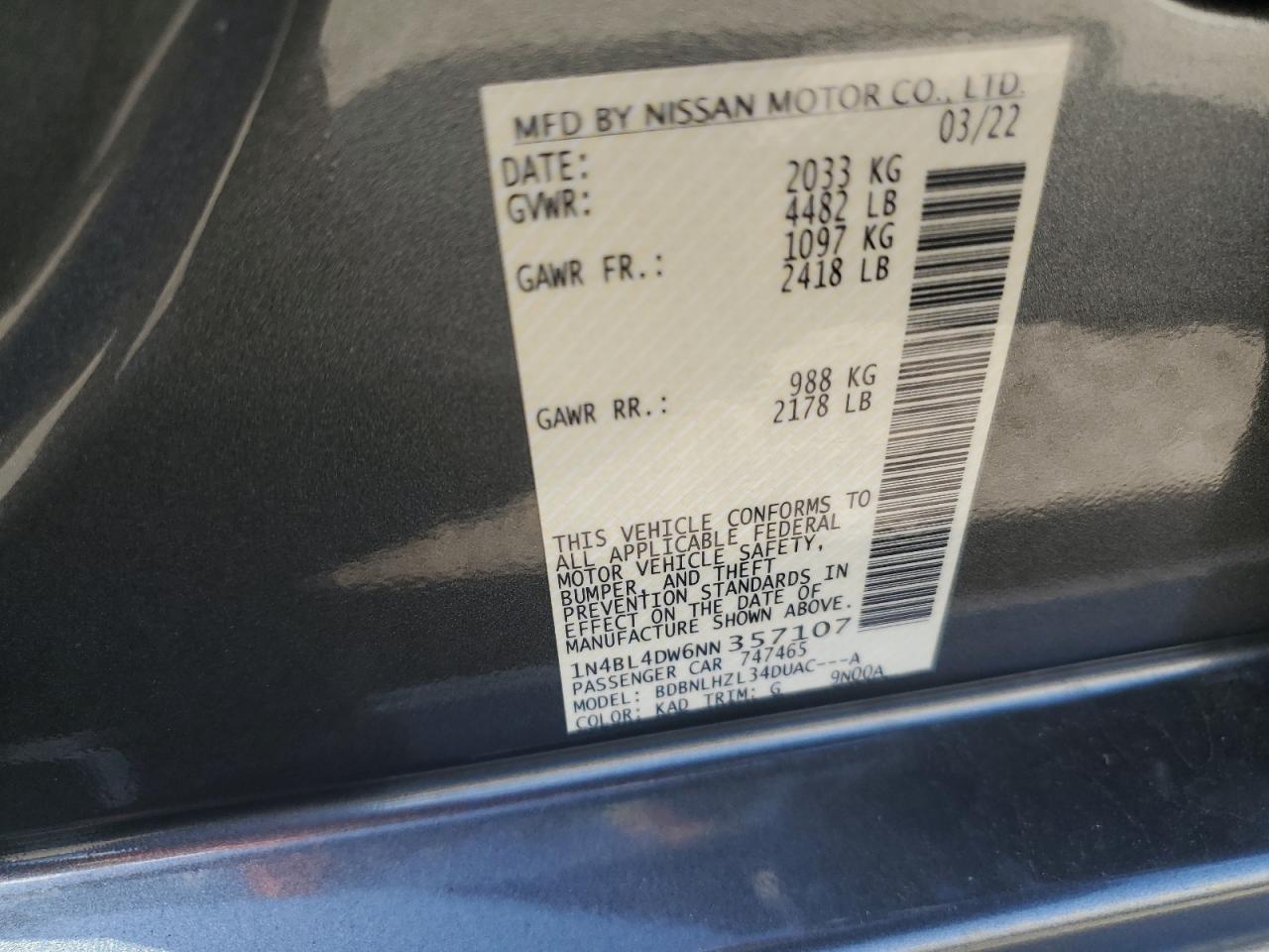 2022 Nissan Altima Sv VIN: 1N4BL4DW6NN357107 Lot: 70823084