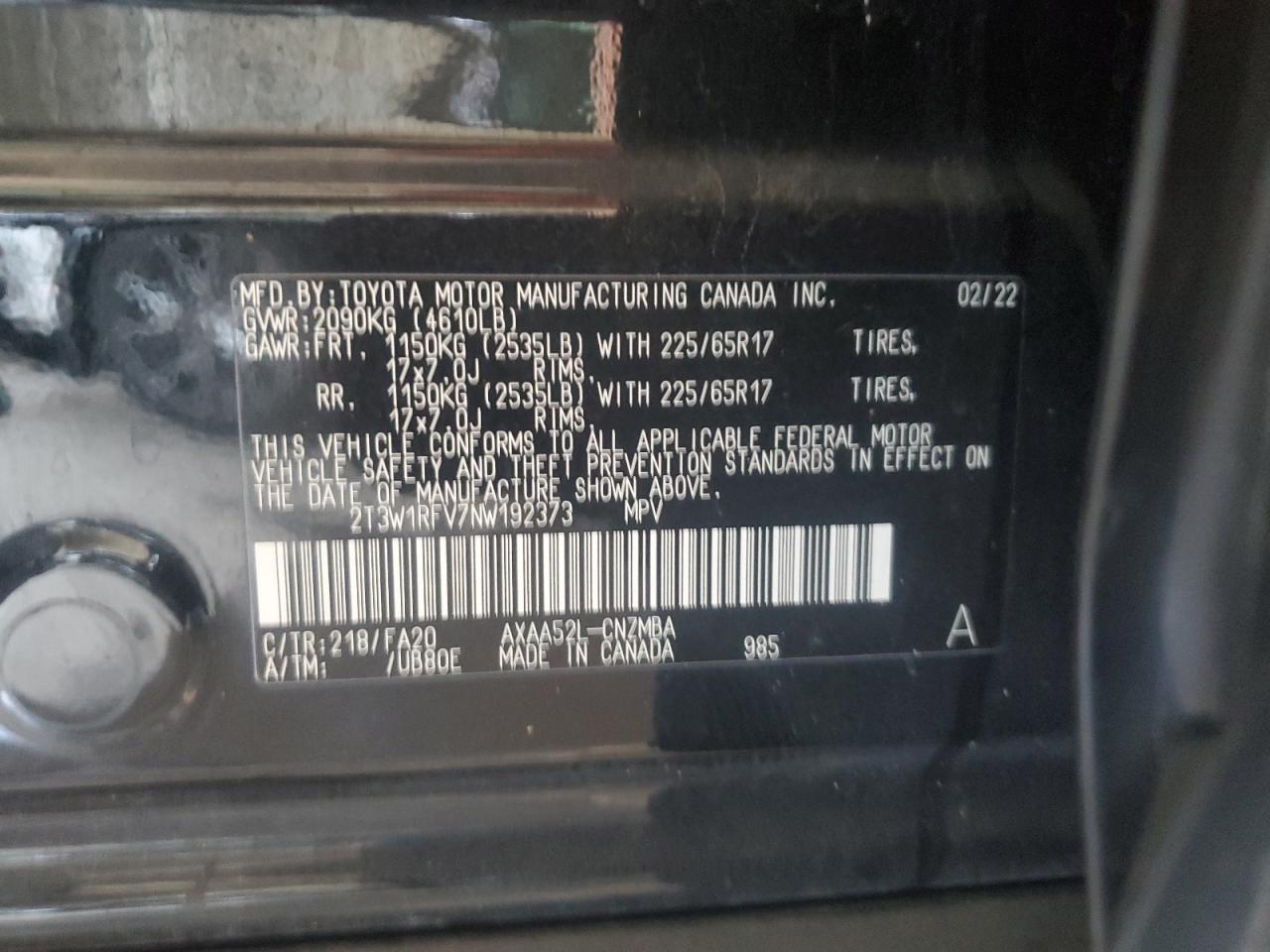 2T3W1RFV7NW192373 2022 Toyota Rav4 Xle