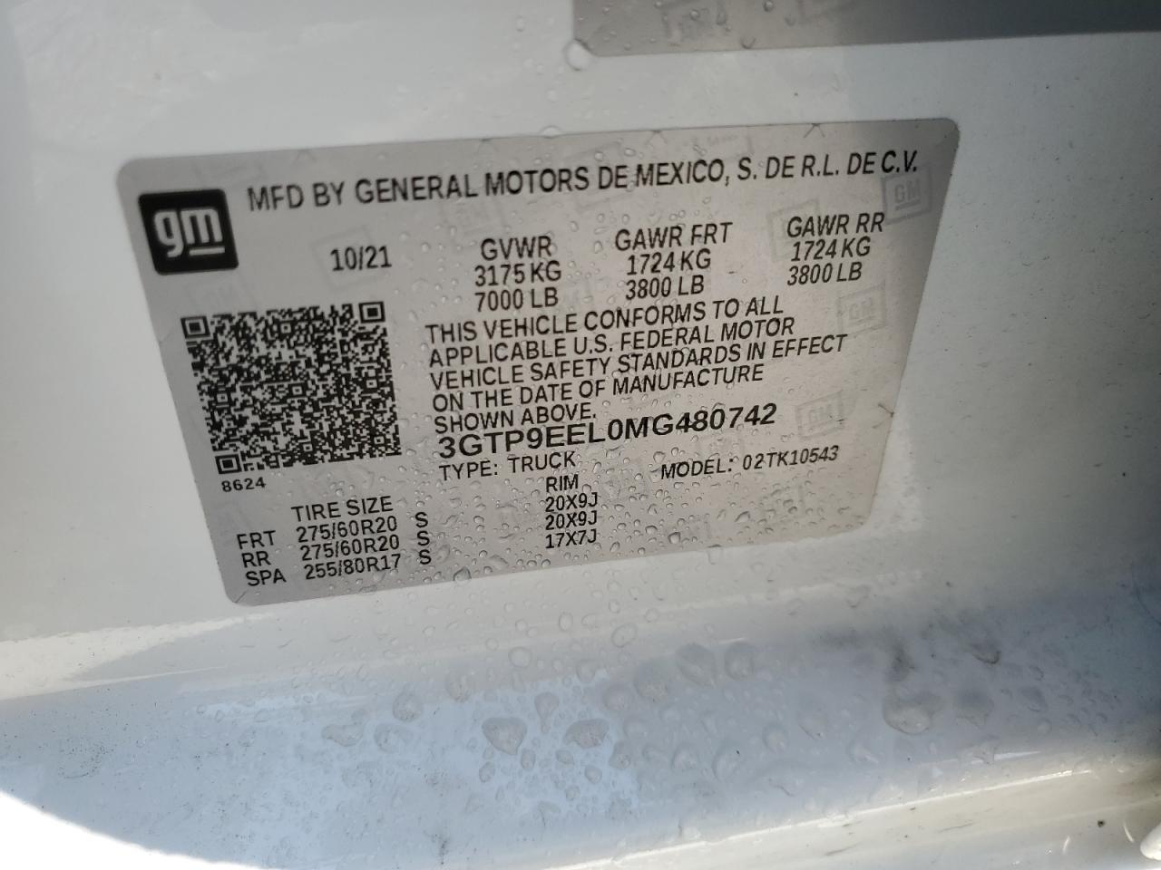 2021 GMC Sierra K1500 At4 VIN: 3GTP9EEL0MG480742 Lot: 70837094