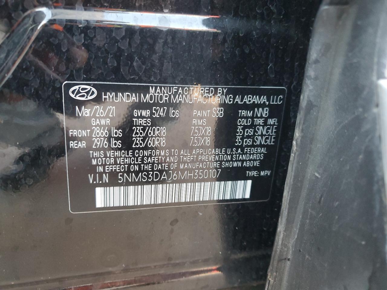 2021 Hyundai Santa Fe Sel VIN: 5NMS3DAJ6MH350107 Lot: 72738114