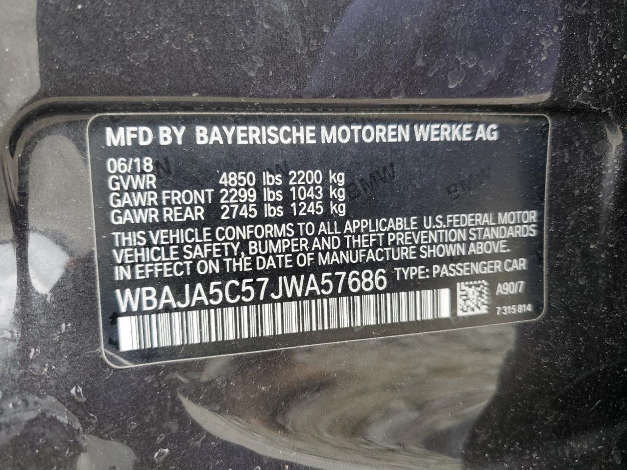 WBAJA5C57JWA57686 2018 BMW 530 I