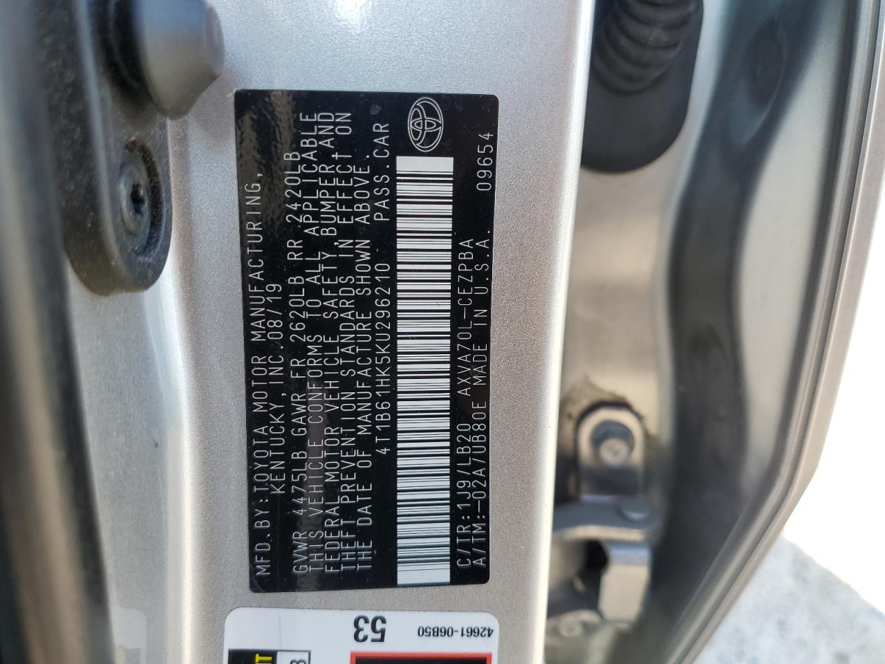 4T1B61HK5KU296210 2019 Toyota Camry Xse